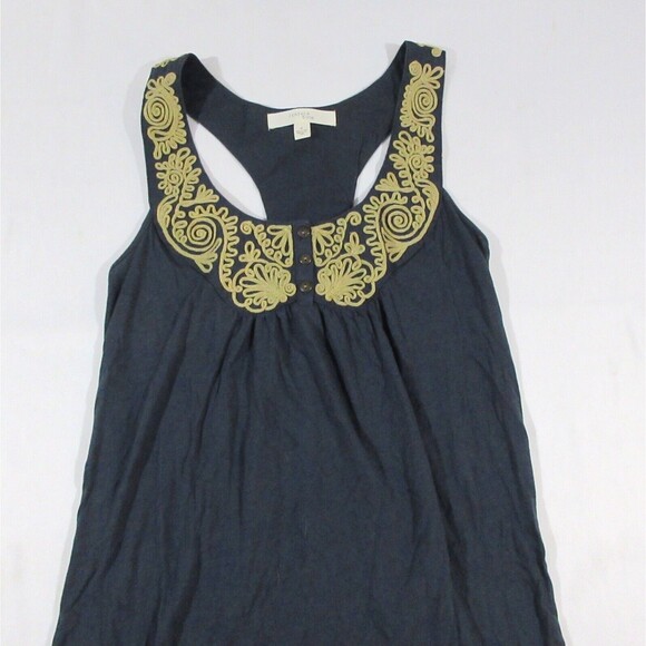 Feather Bone Anthropologie Navy Gold Embroidered Sleeveless Tank Top Blouse Sz M - Picture 2 of 9